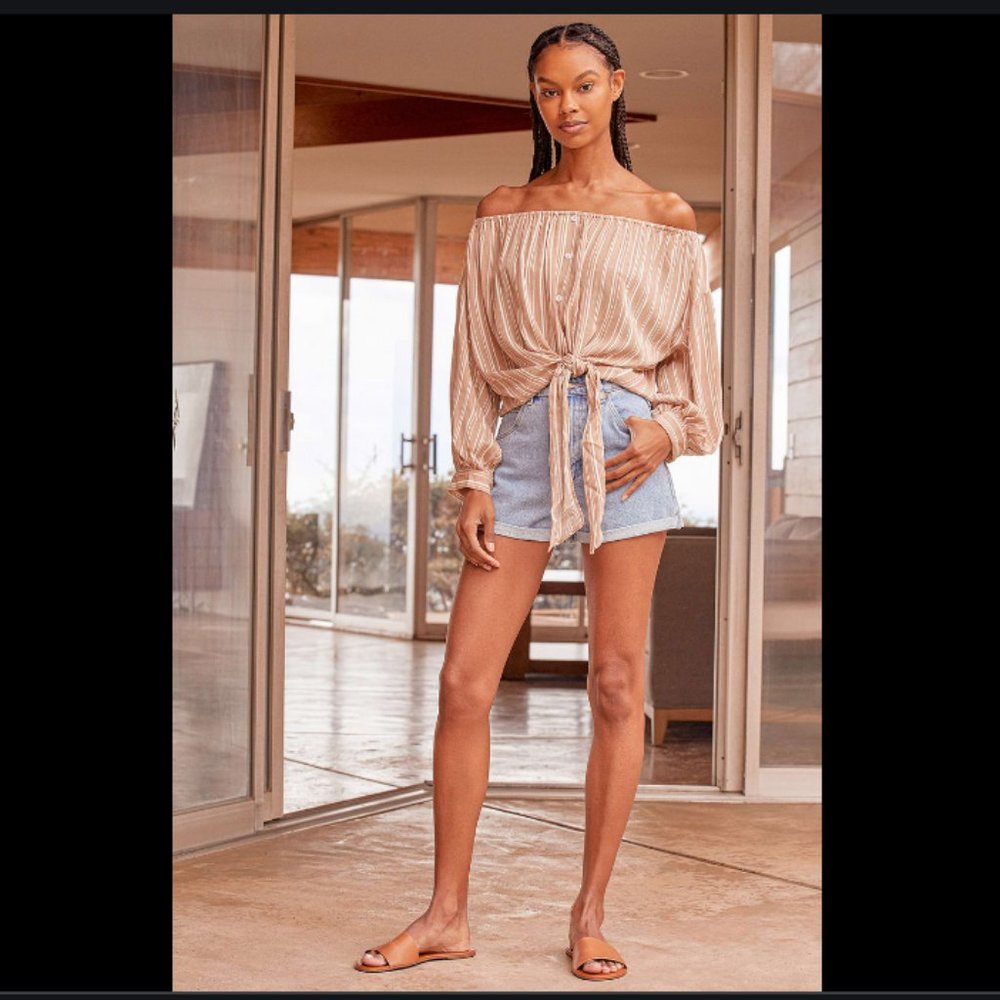 NWT Lulus Greet the Moment Beige Striped Off-the-Shoulder Long Sleeve Top